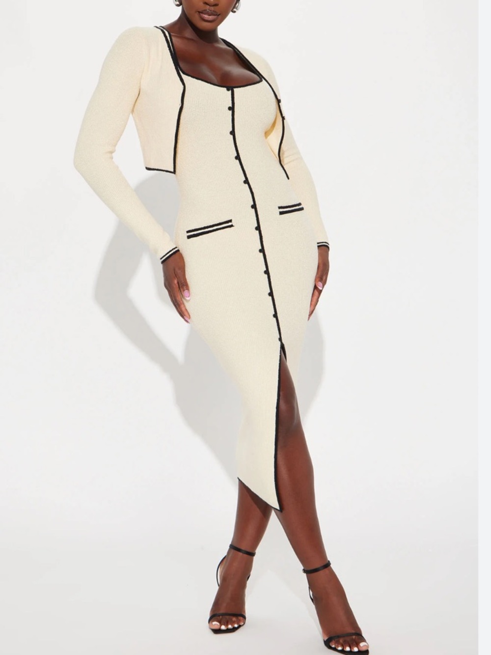 Fashion Nova Office Hours Sweater Midi Dress Set Cream Black Contrast Size L NWT